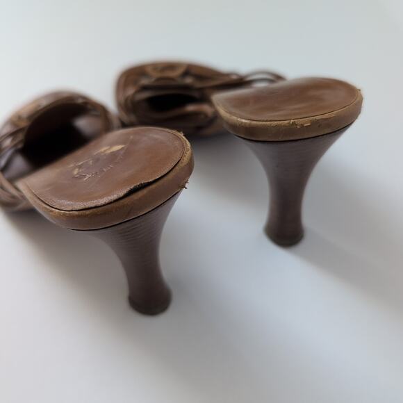 Auth Chanel Brown Leather Strappy Slides Heels Mules Sandals Spellout Size 37 - Picture 6 of 12
